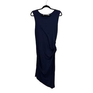 Michael Stars Dress Womens Large Navy Blue Asymmetrical Ruched Sleeveless 9511